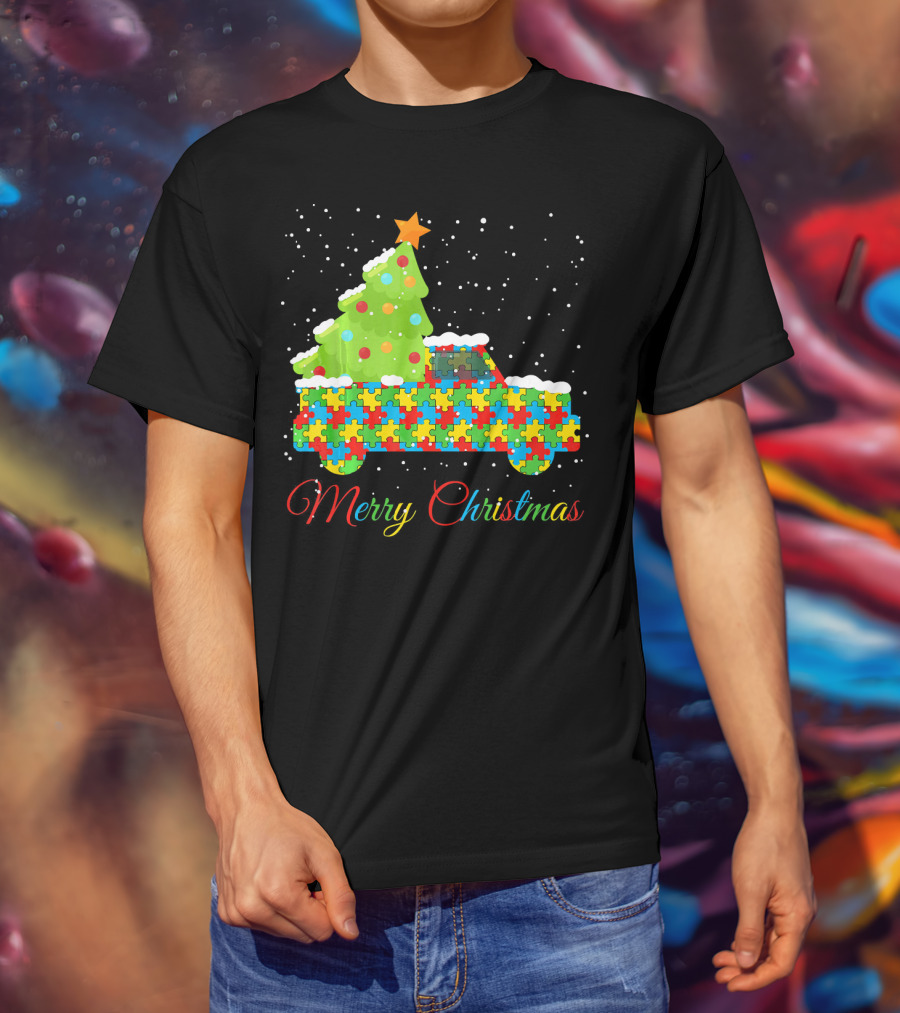 Merry Christmas Puzzle Truck Autism Awareness T-Shirt