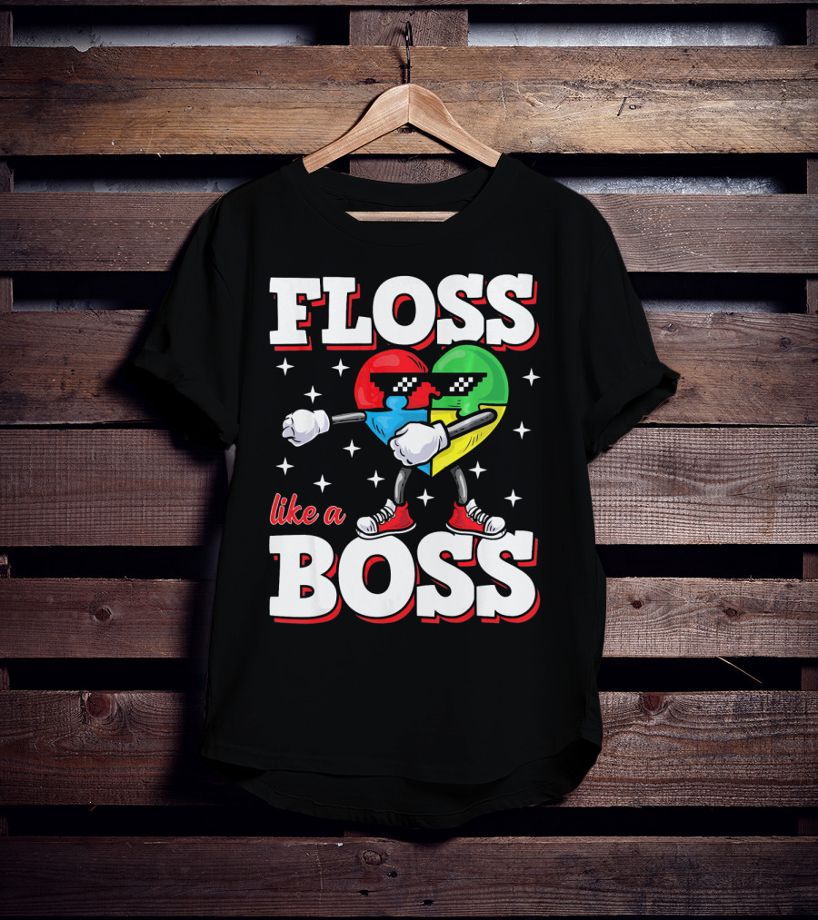 Floss Like A Boss Autism Awareness Heart With Cool Sunglasses T-Shirt