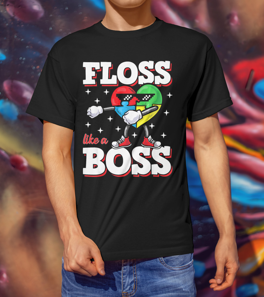 Floss Like A Boss Autism Awareness Heart With Cool Sunglasses T-Shirt