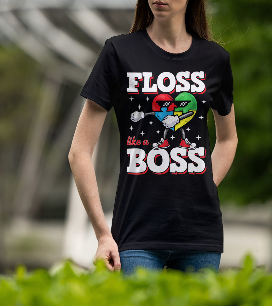 Floss Like A Boss Autism Awareness Heart With Cool Sunglasses T-Shirt