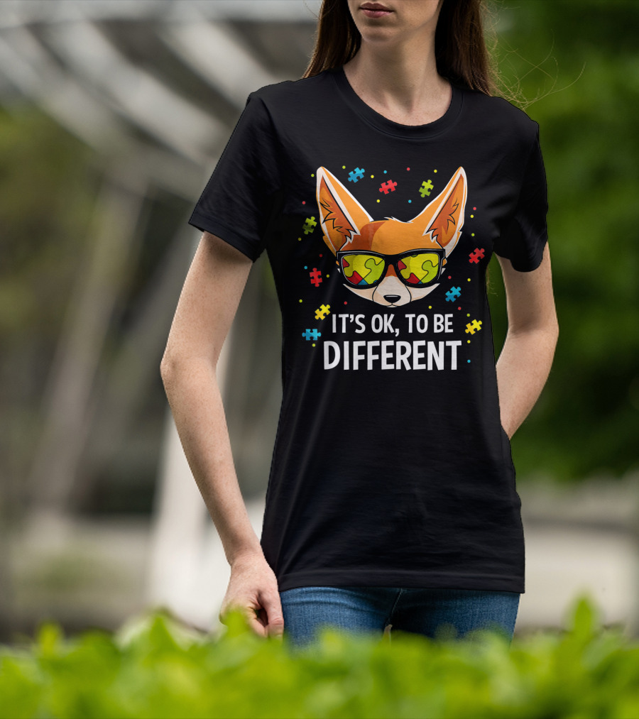 It's OK To Be Different Autism Awareness Puzzle Piece Fox T-Shirt