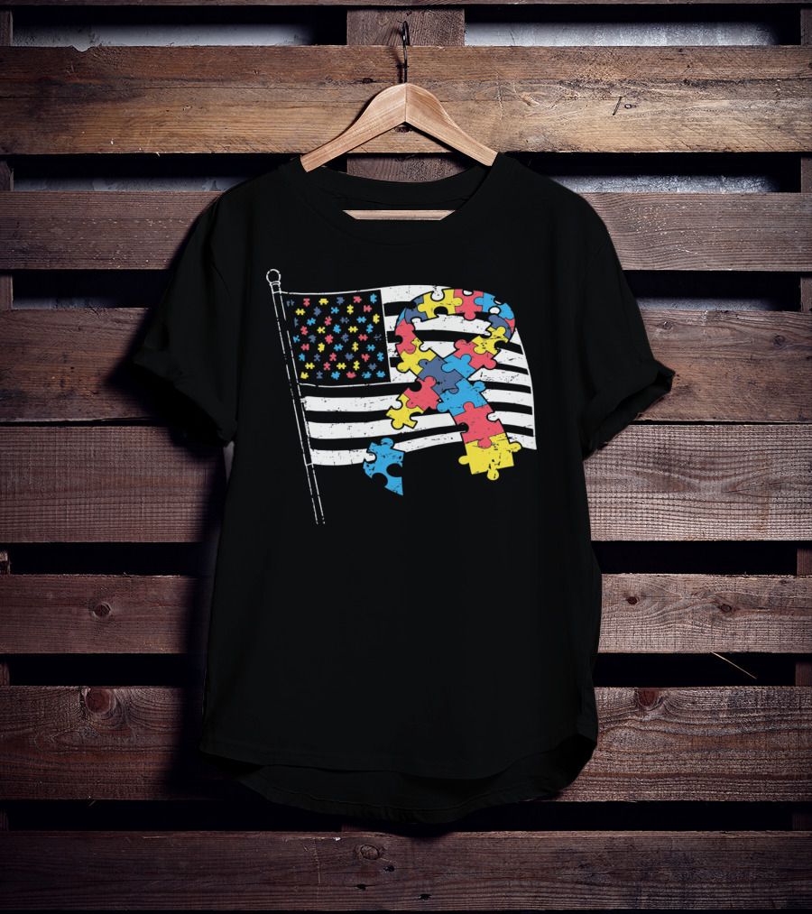 American Distressed Flag Puzzle Ribbon Autism Awareness T-Shirt