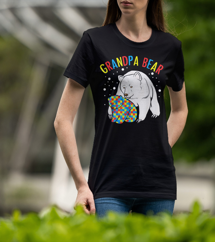 Grandpa Bear Mens Autism Awareness Puzzle Bear T-Shirt