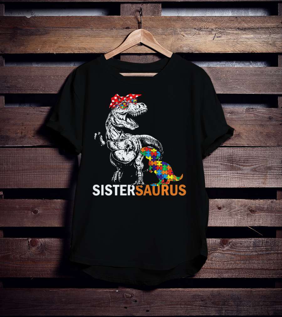 Sister Saurus Autism Awareness Dinosaur Puzzle Print T-Shirt