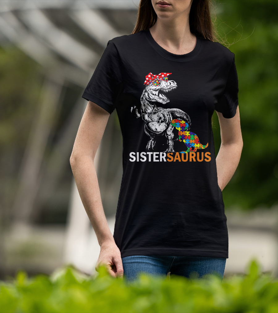 Sister Saurus Autism Awareness Dinosaur Puzzle Print T-Shirt