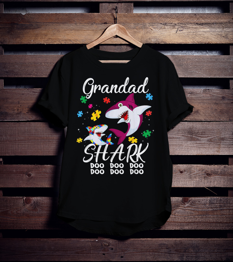 Grandad Shark Doo Doo Doo Doo Autism Awareness Puzzle Pieces T-Shirt