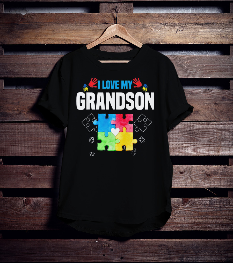 I Love My Grandson Autism Awareness Puzzle Pieces And Colorful Handprints T-Shirt