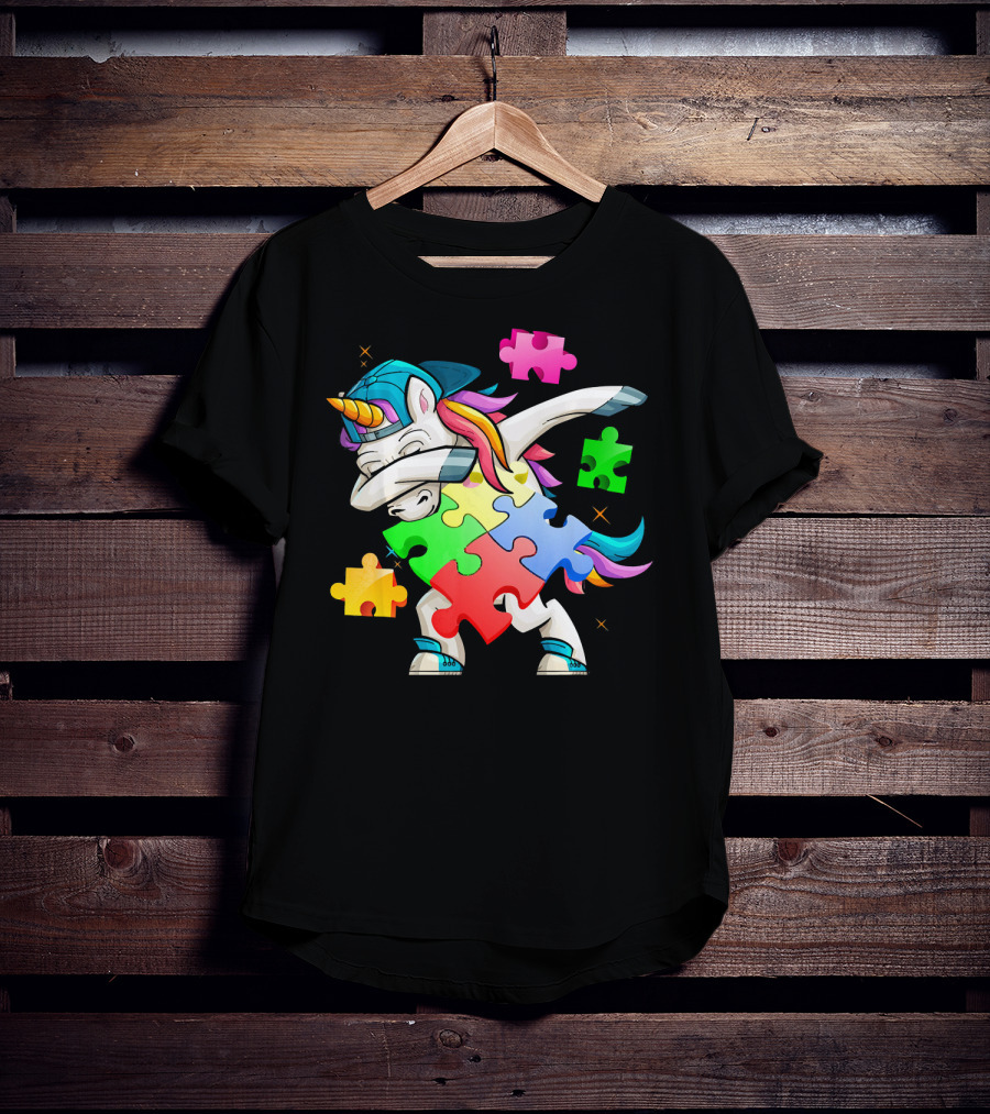Autism Awareness Dabbing Unicorn Rainbow Puzzle Pieces T-Shirt