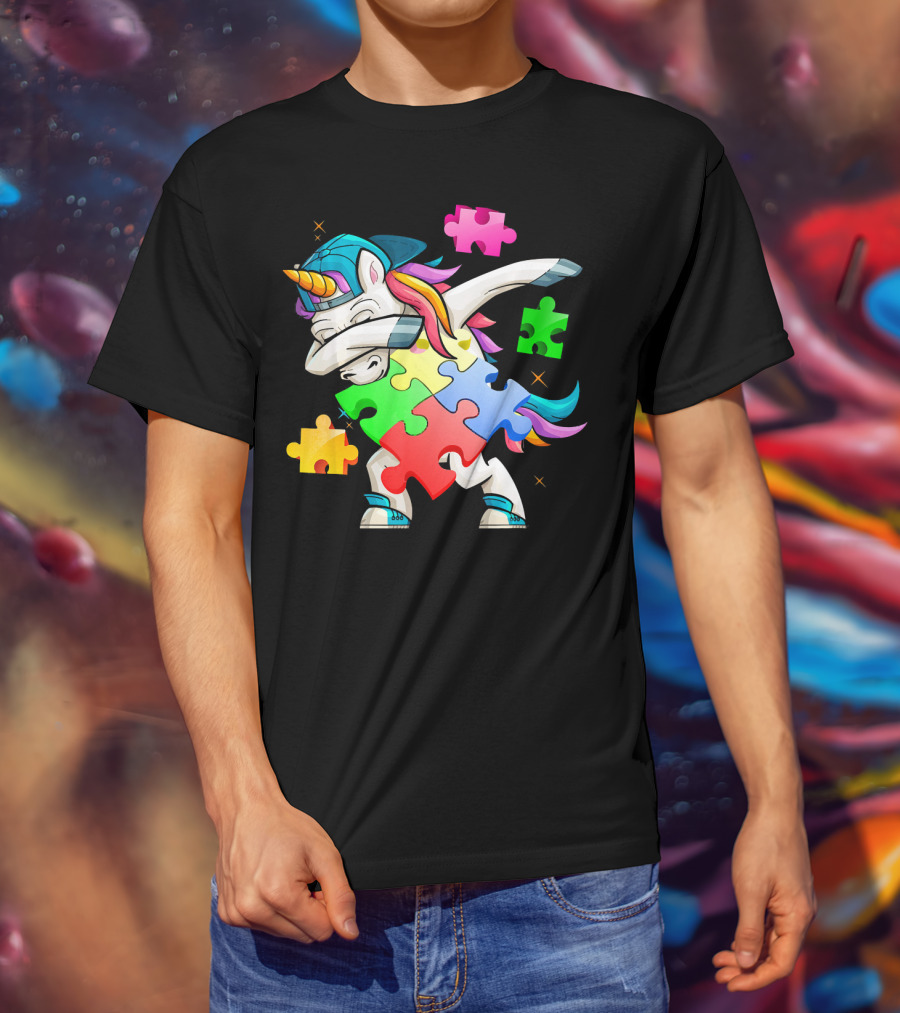 Autism Awareness Dabbing Unicorn Rainbow Puzzle Pieces T-Shirt
