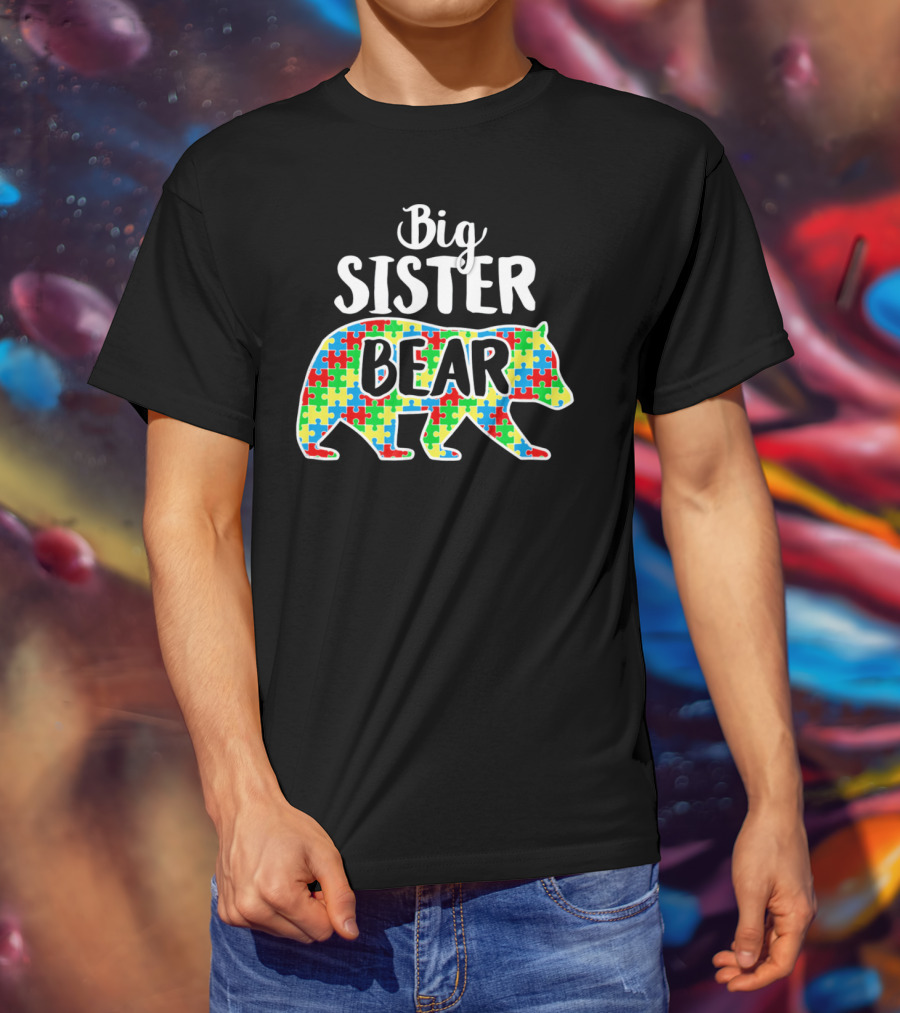 Big Sister Bear Autism Awareness Puzzle T-Shirt