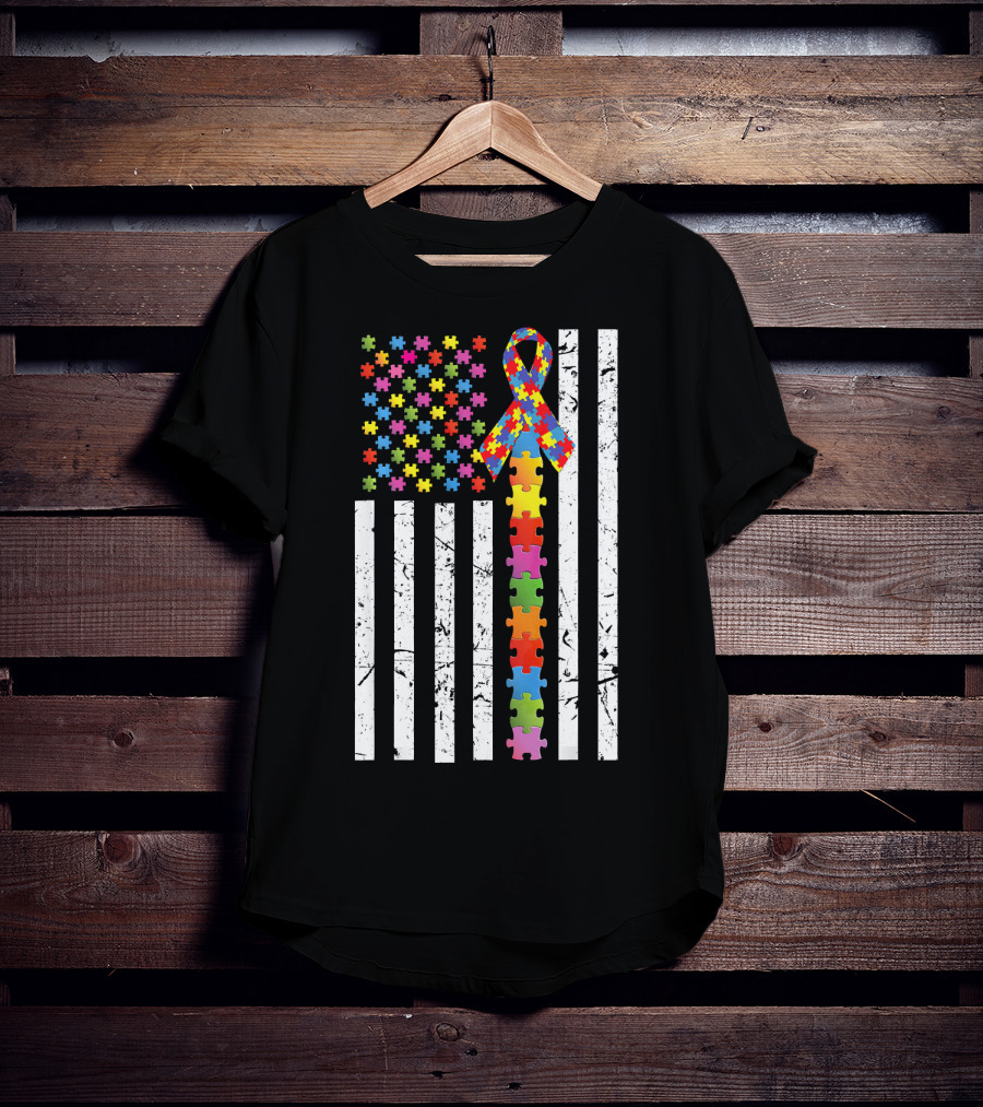 Autism Awareness US Flag Puzzle Ribbon T-Shirt
