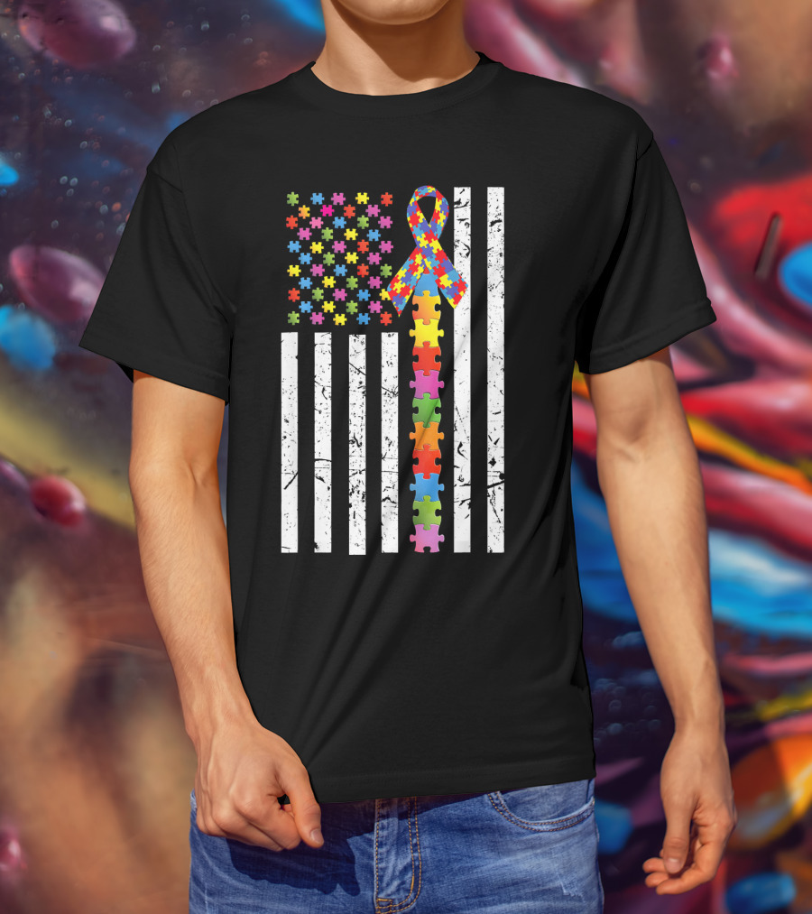 Autism Awareness US Flag Puzzle Ribbon T-Shirt