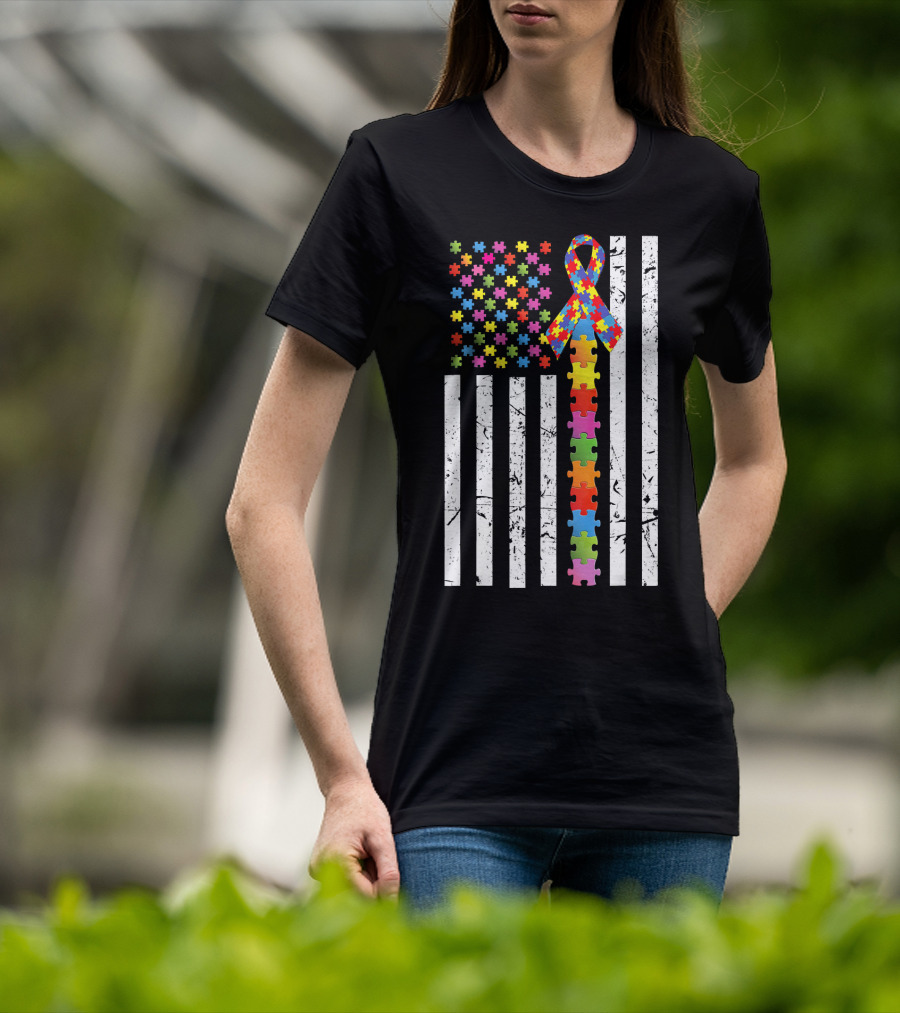 Autism Awareness US Flag Puzzle Ribbon T-Shirt