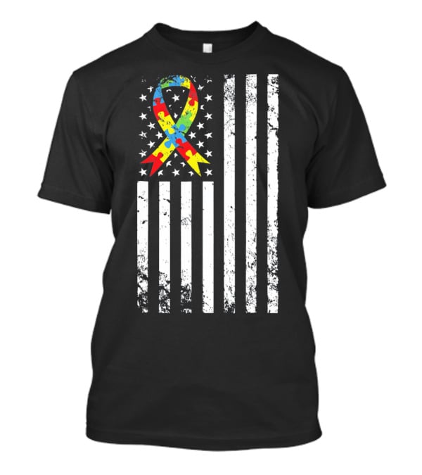 Vintage Autism Awareness Puzzle Ribbon US Flag T-Shirt