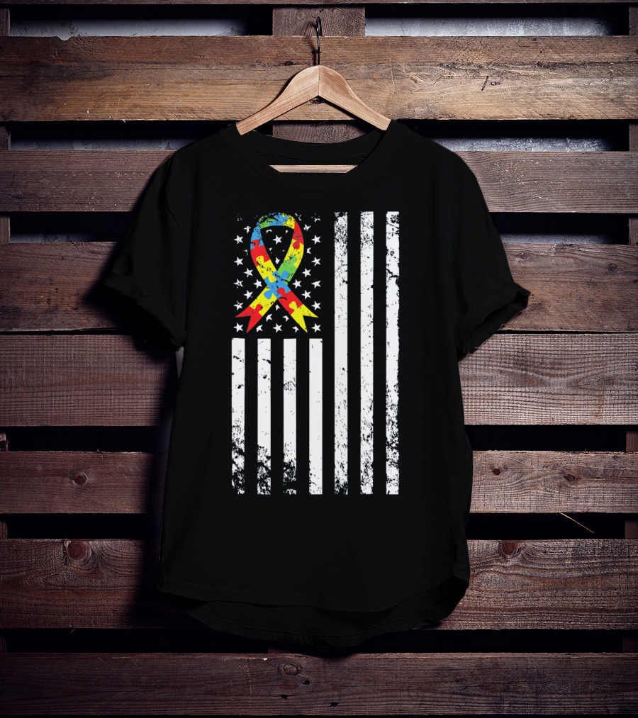 Vintage Autism Awareness Puzzle Ribbon US Flag T-Shirt