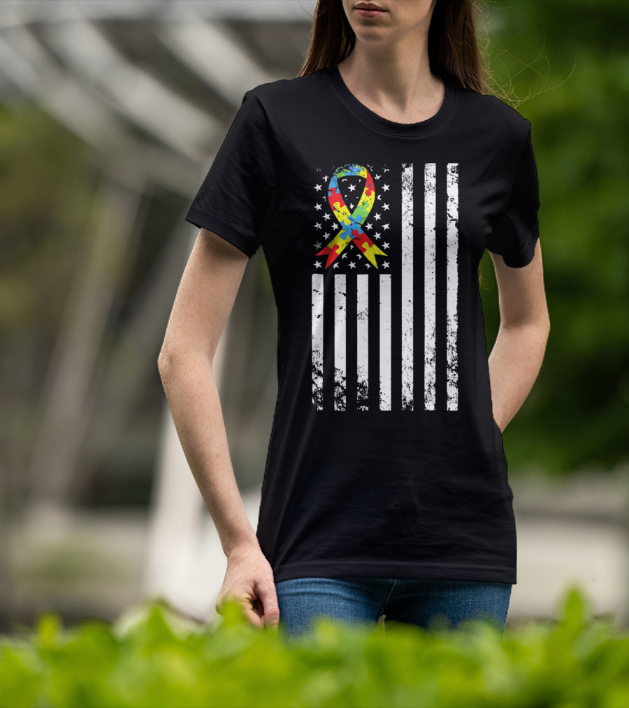 Vintage Autism Awareness Puzzle Ribbon US Flag T-Shirt