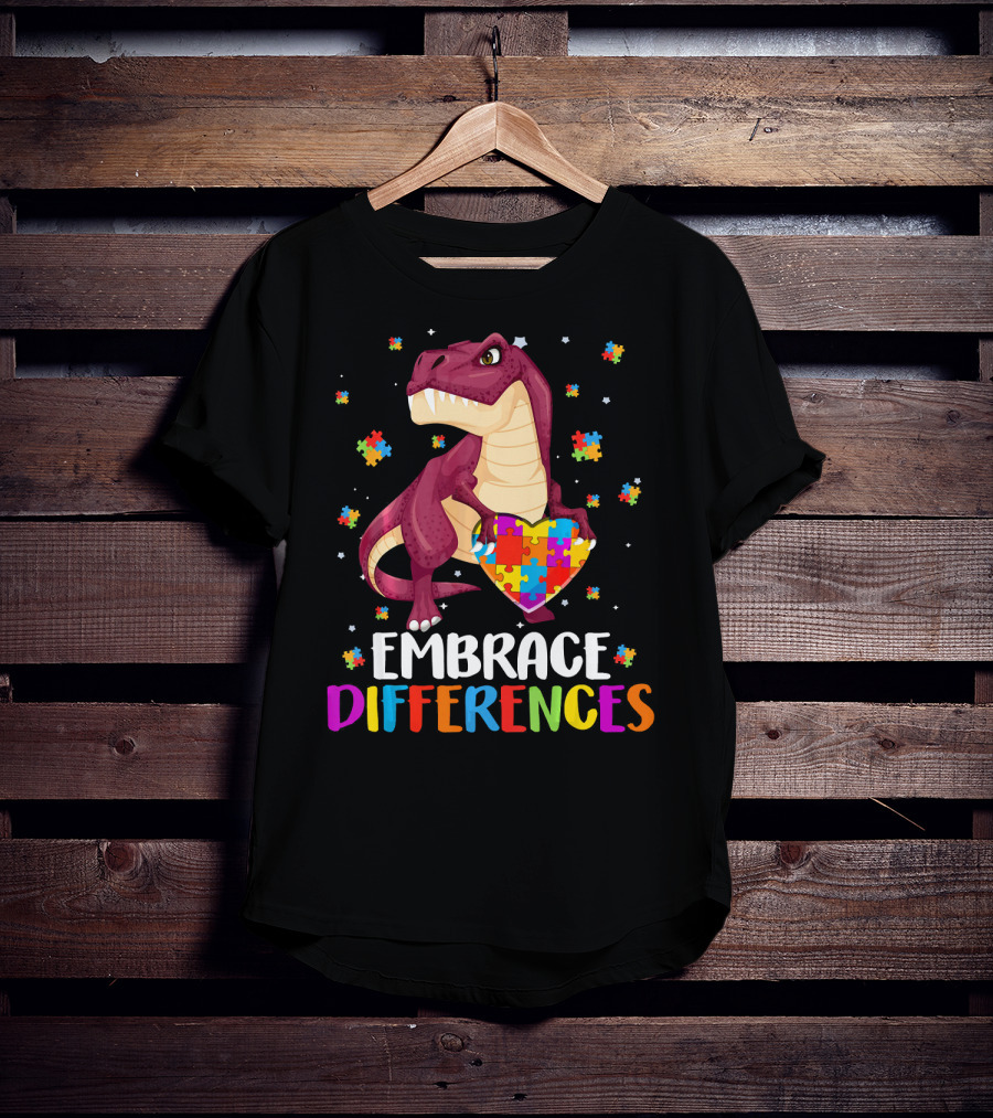 Embrace Differences Dinosaur Puzzle Pieces Autism Awareness T-Shirt