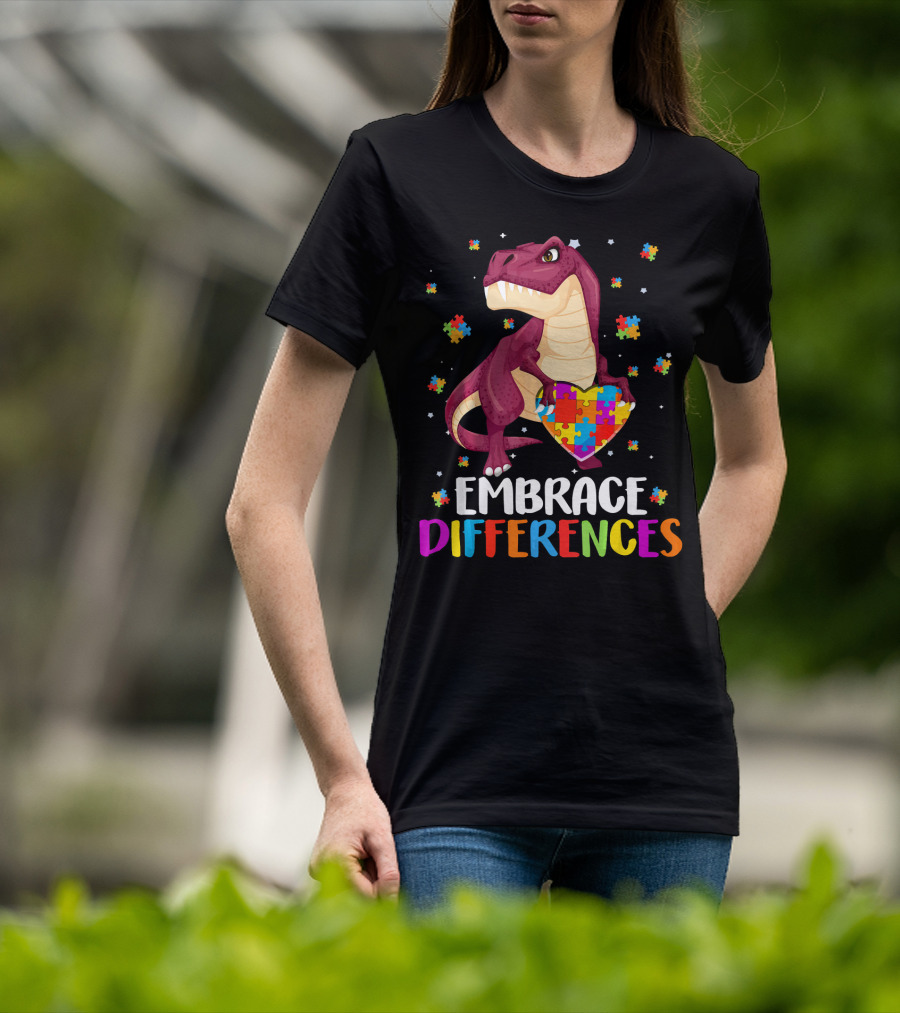 Embrace Differences Dinosaur Puzzle Pieces Autism Awareness T-Shirt