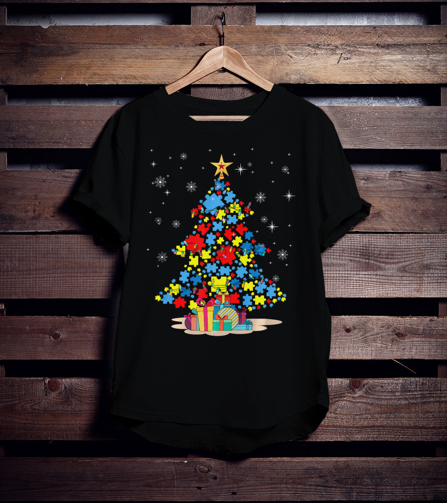 Puzzle Pieces Christmas Tree Autism Awareness Holiday T-Shirt