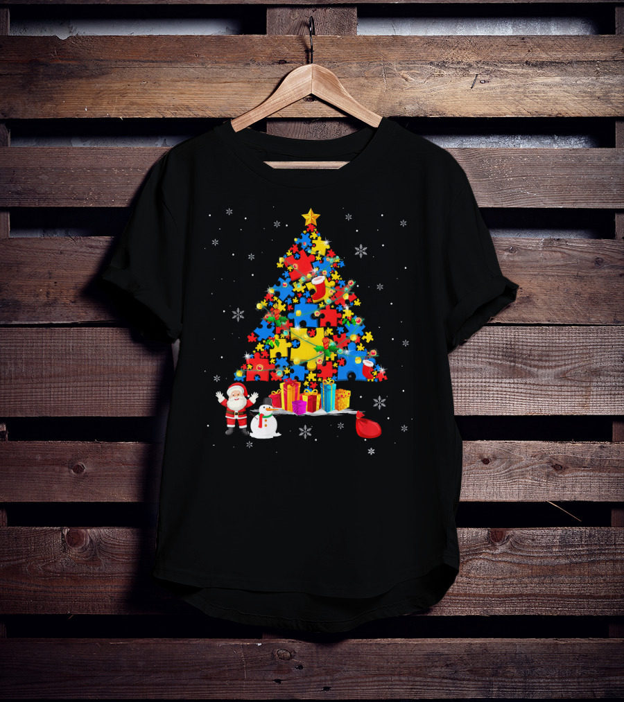 Christmas Trees Autism Awareness Santa Puzzle Snowflakes T-Shirt