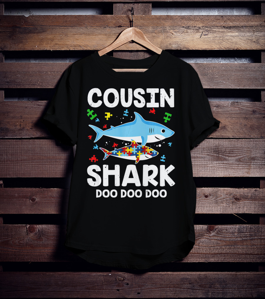 Cousin Shark Doo Doo Doo Autism Awareness Puzzle Pieces T-Shirt