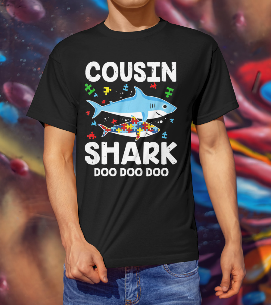 Cousin Shark Doo Doo Doo Autism Awareness Puzzle Pieces T-Shirt