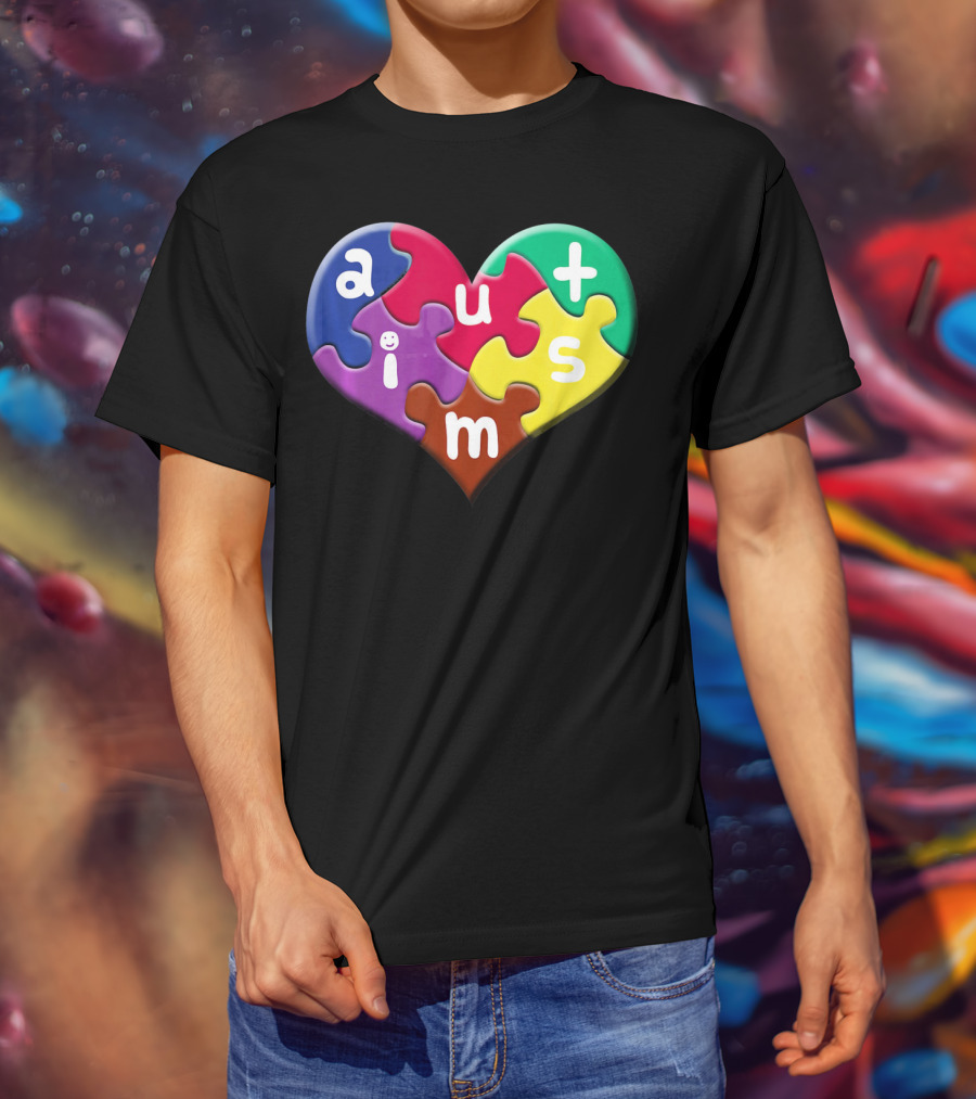 Autism Awareness Heart Puzzle Pieces Love Smile Colorful T-Shirt