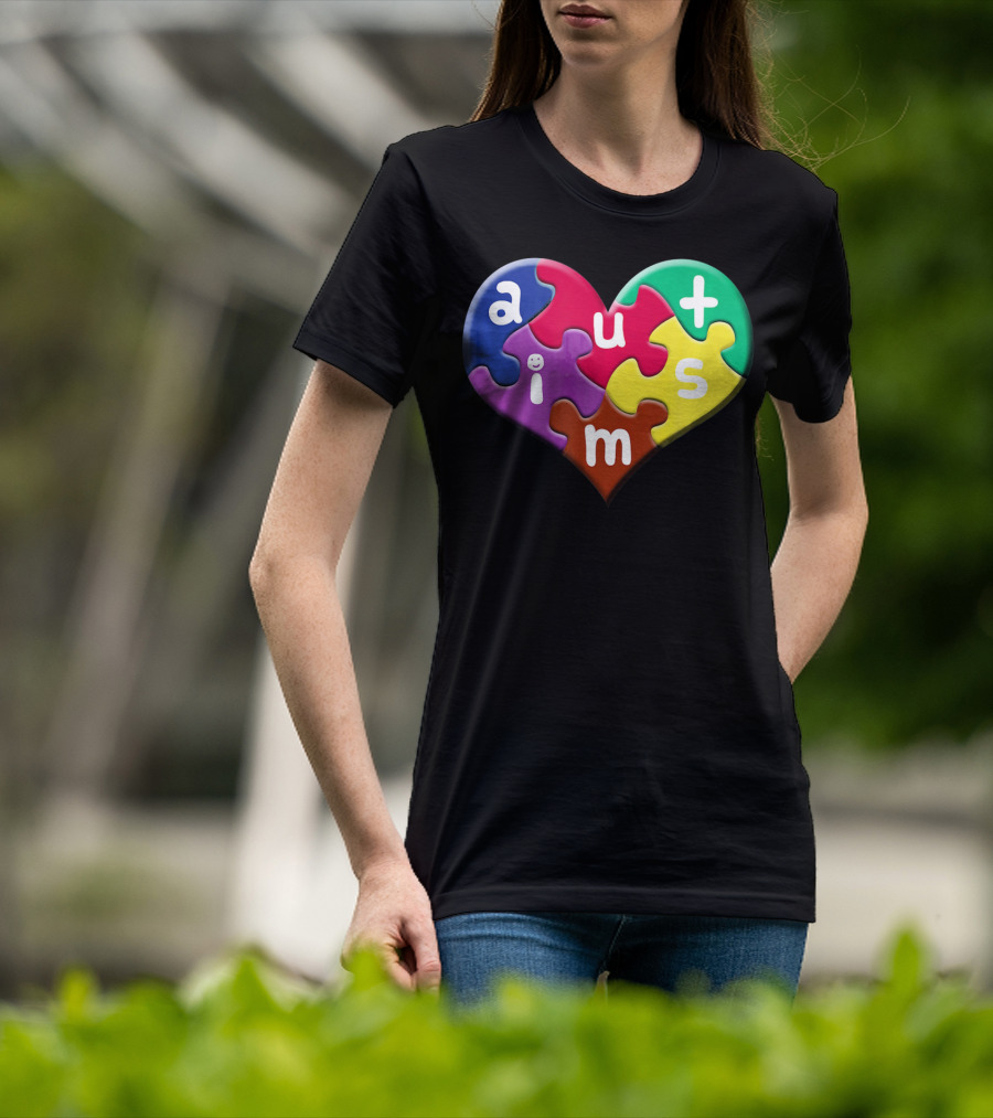 Autism Awareness Heart Puzzle Pieces Love Smile Colorful T-Shirt