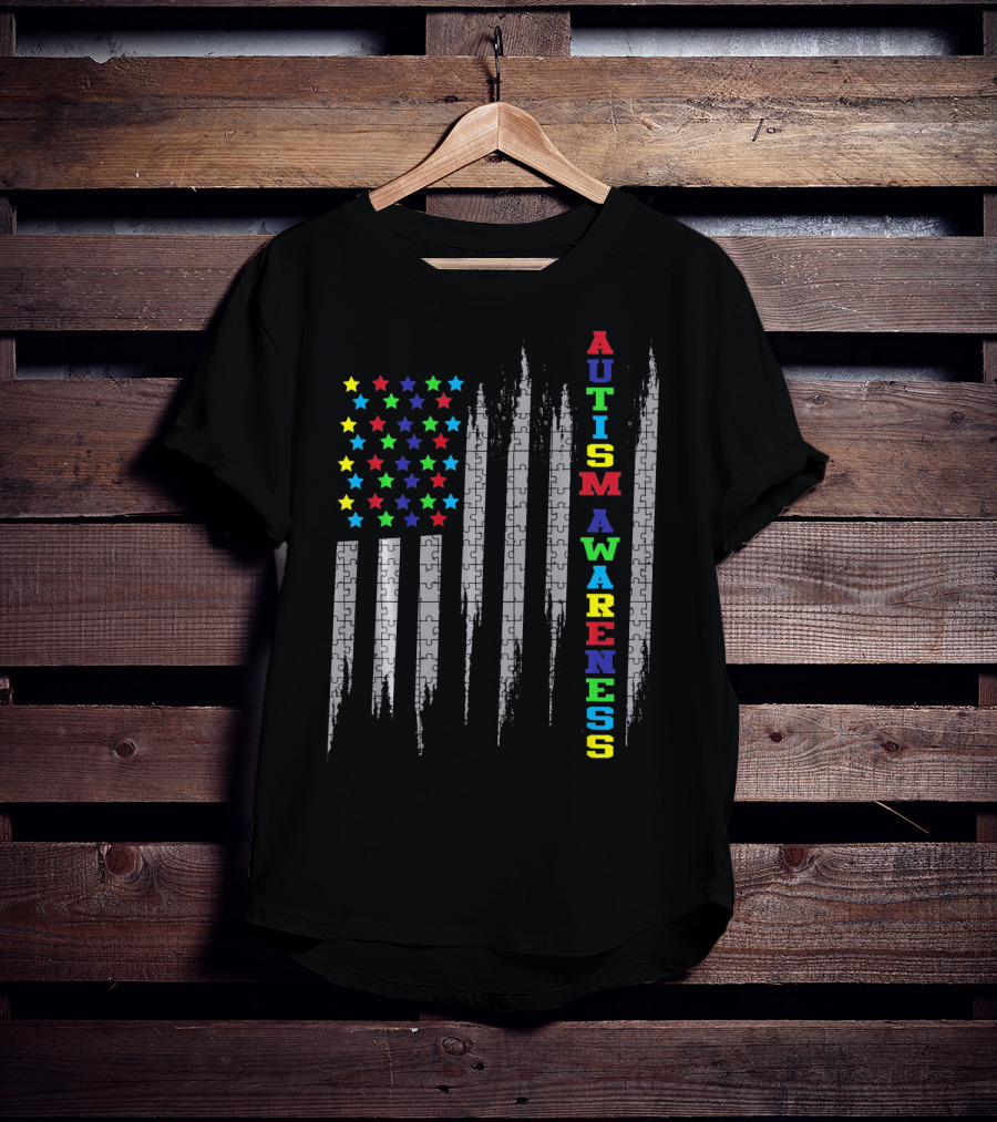 Autism Awareness Day USA Flag Puzzle Stars T-Shirt