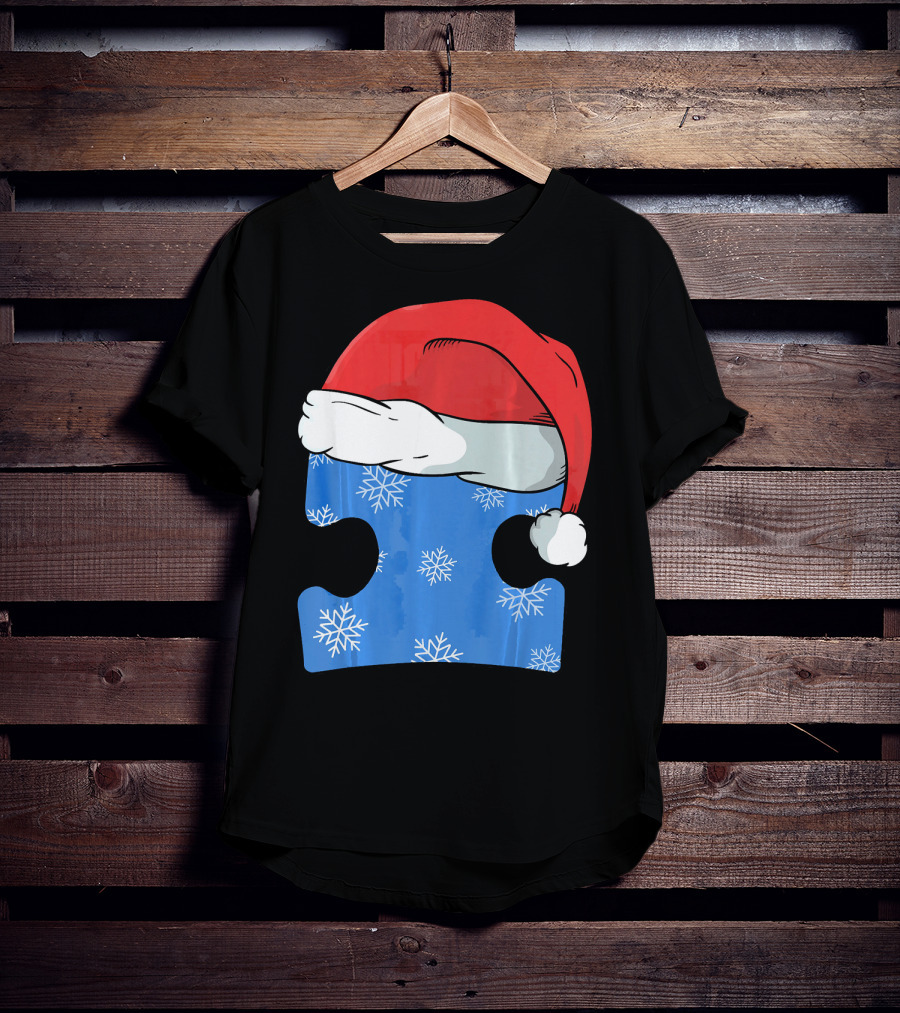 Autism Awareness Puzzle Piece Blue Snowflake Santa Hat T-Shirt