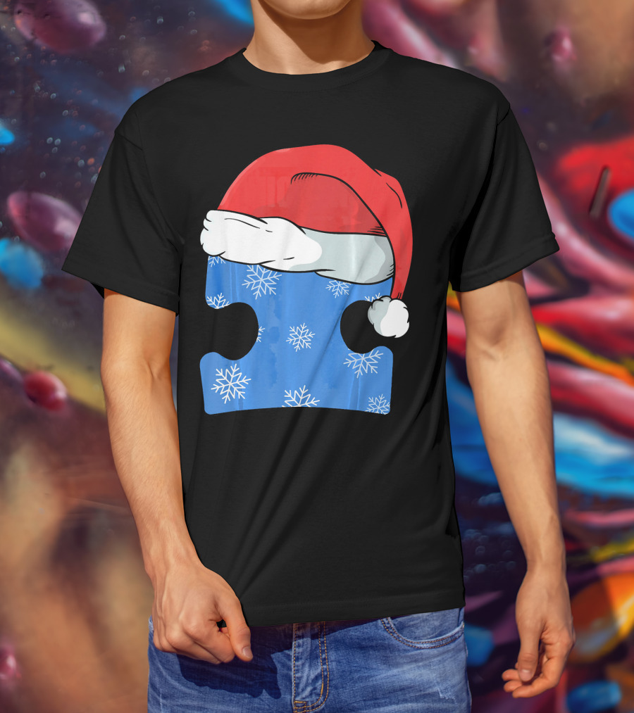 Autism Awareness Puzzle Piece Blue Snowflake Santa Hat T-Shirt