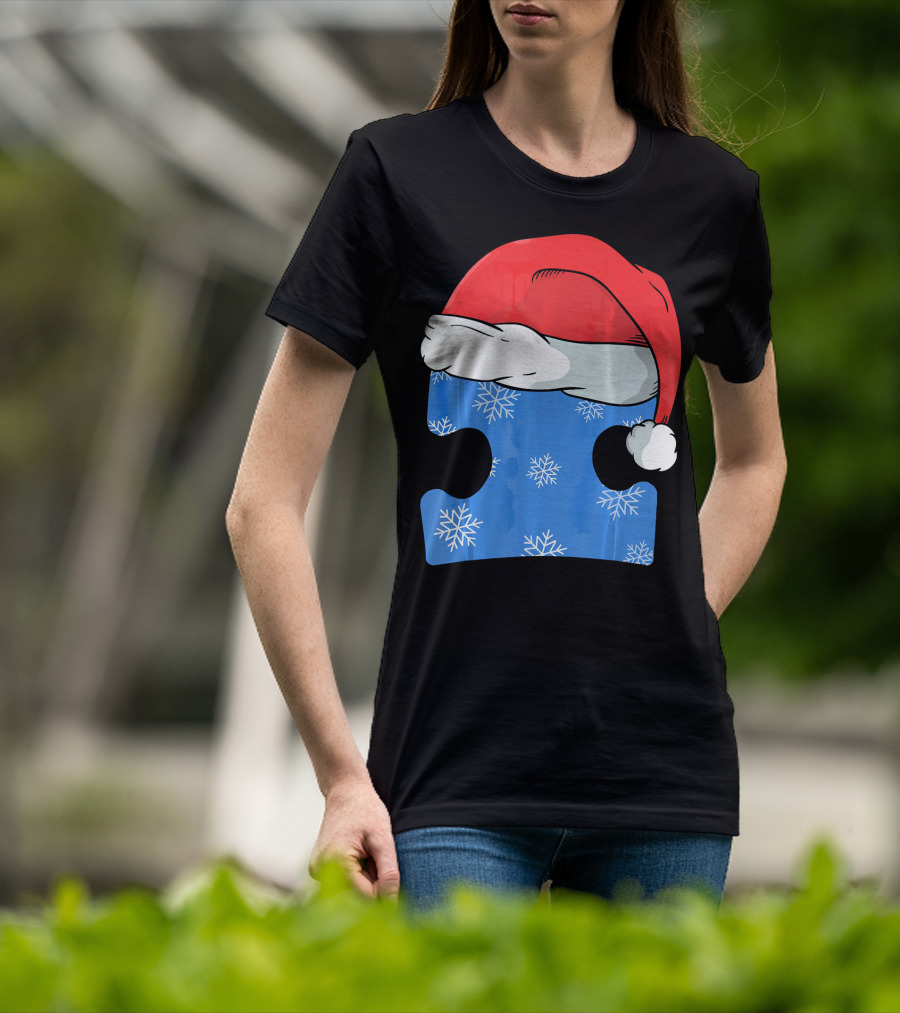 Autism Awareness Puzzle Piece Blue Snowflake Santa Hat T-Shirt