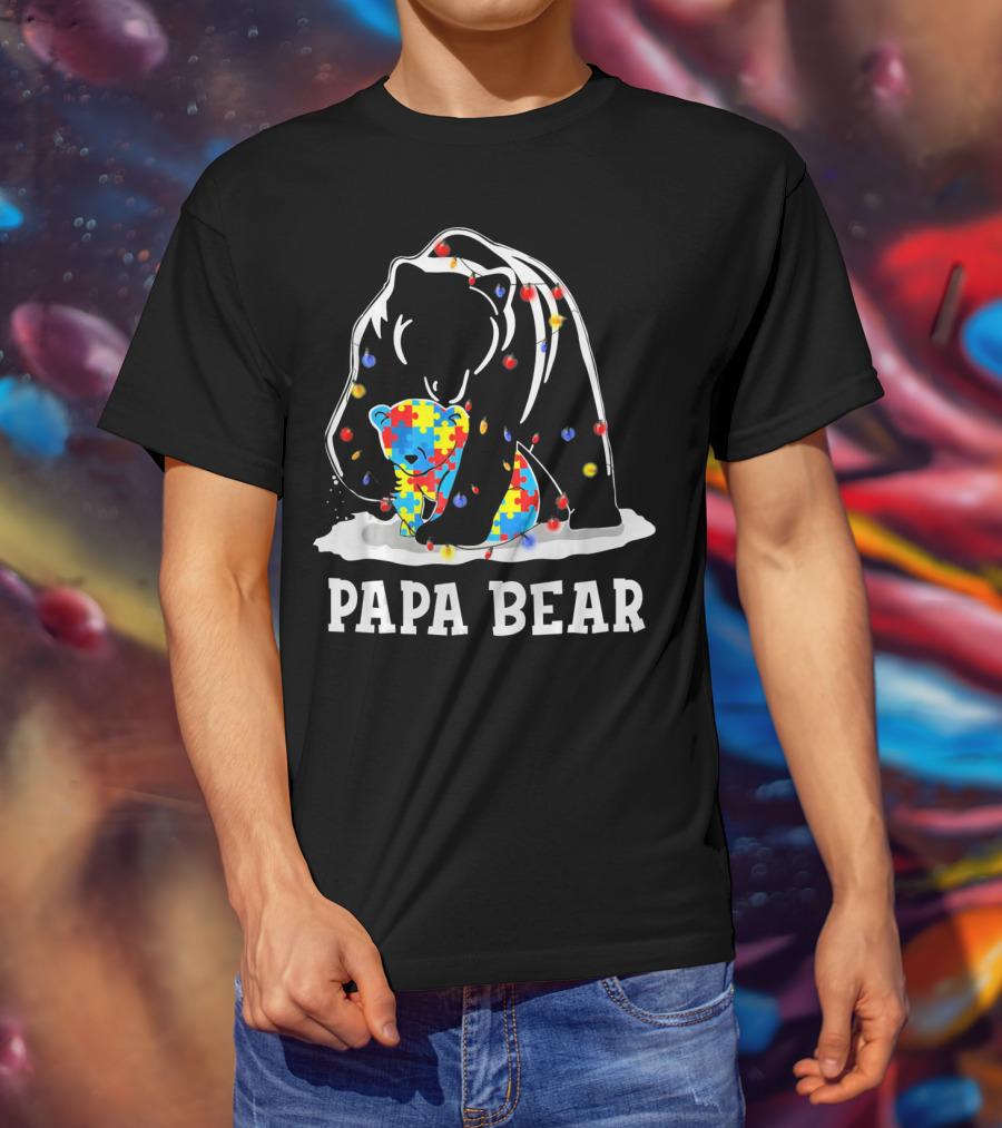 Papa Bear Puzzle Piece Autism Awareness Lights T-Shirt