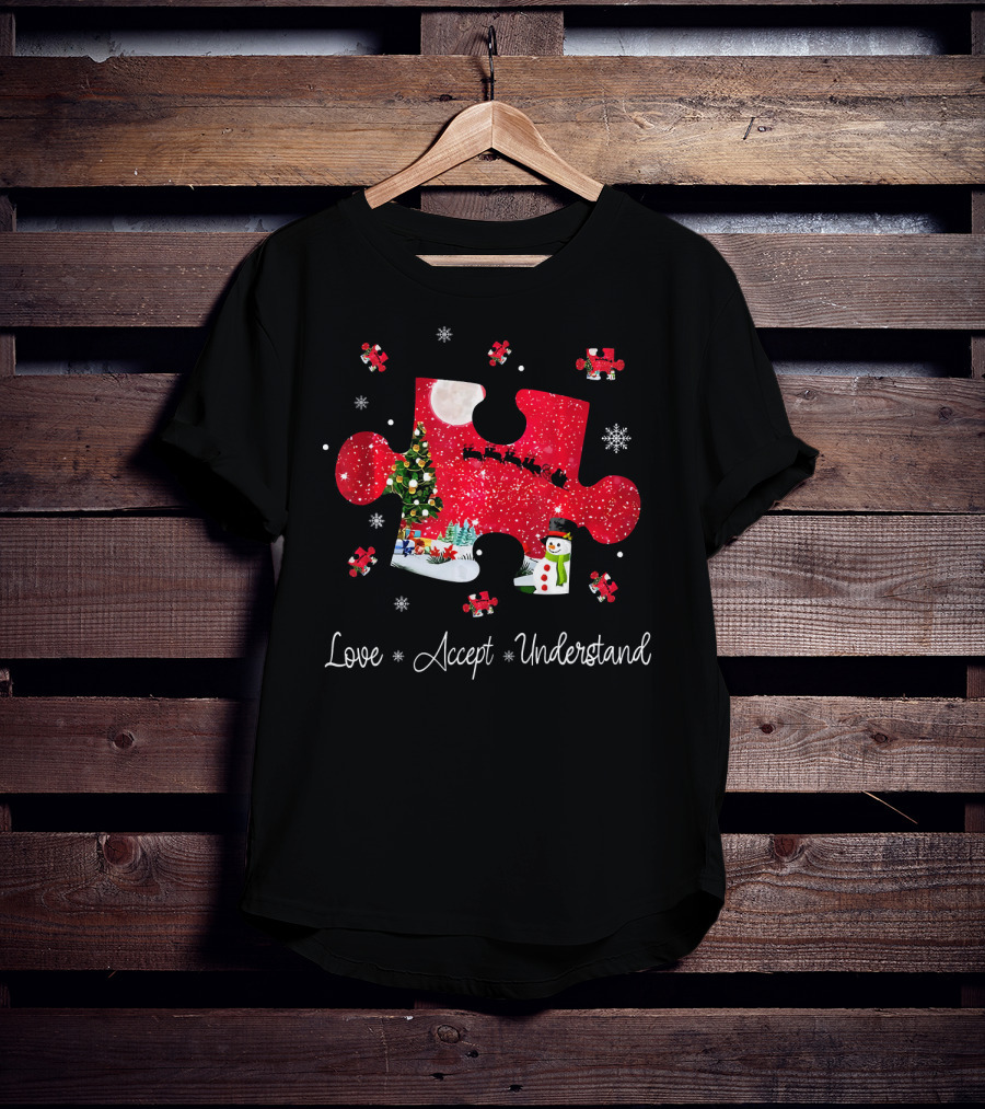 Love Accept Understand Autism Awareness Christmas Puzzle Snowman Santa Sleigh T-Shirt