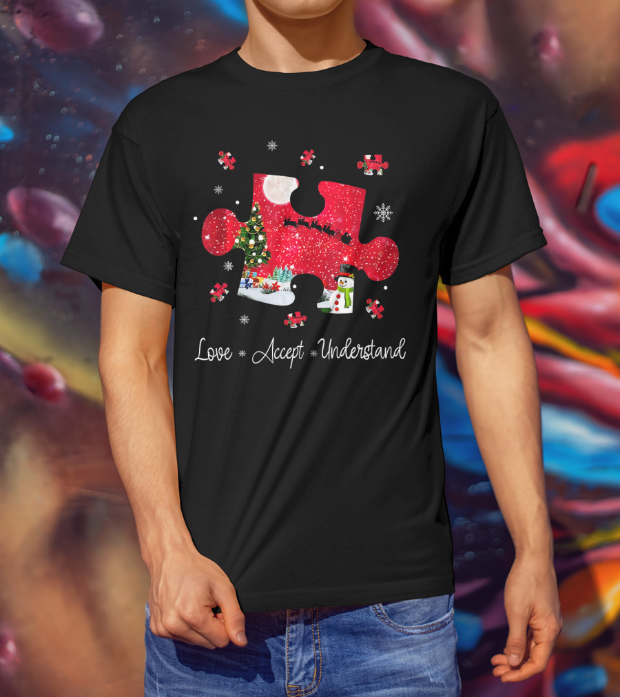 Love Accept Understand Autism Awareness Christmas Puzzle Snowman Santa Sleigh T-Shirt