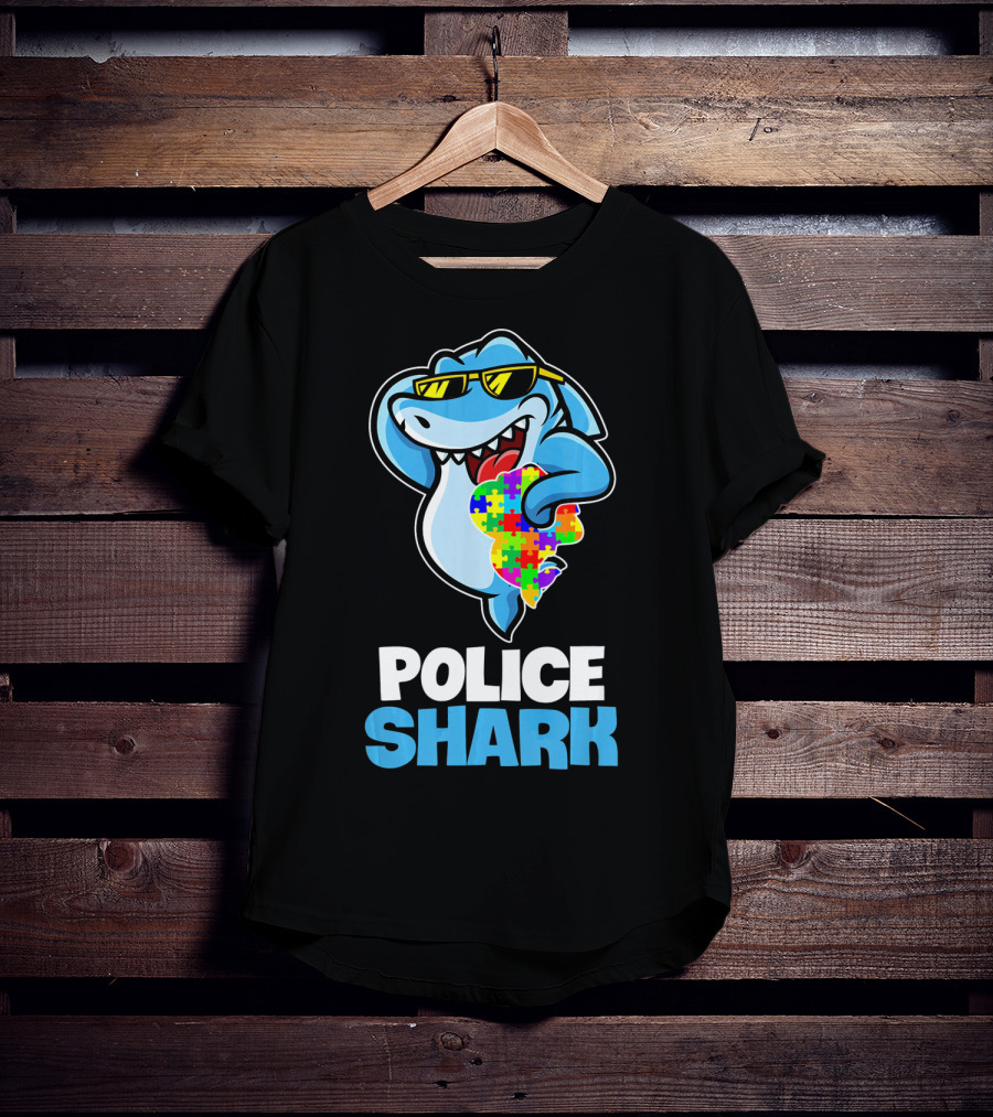 Police Shark Holding Autism Awareness Puzzle Heart T-Shirt