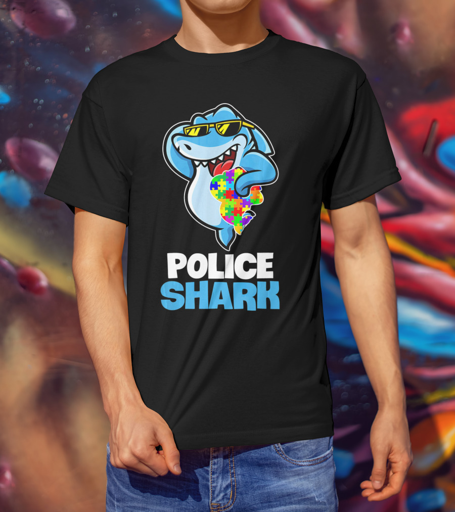 Police Shark Holding Autism Awareness Puzzle Heart T-Shirt