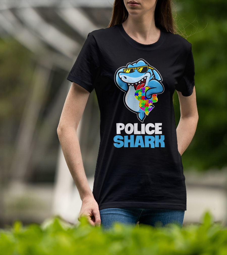 Police Shark Holding Autism Awareness Puzzle Heart T-Shirt