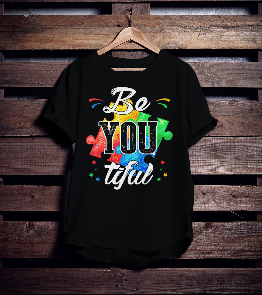 Be You Tiful Autism Awareness Colorful Puzzle Pieces With Stars T-Shirt