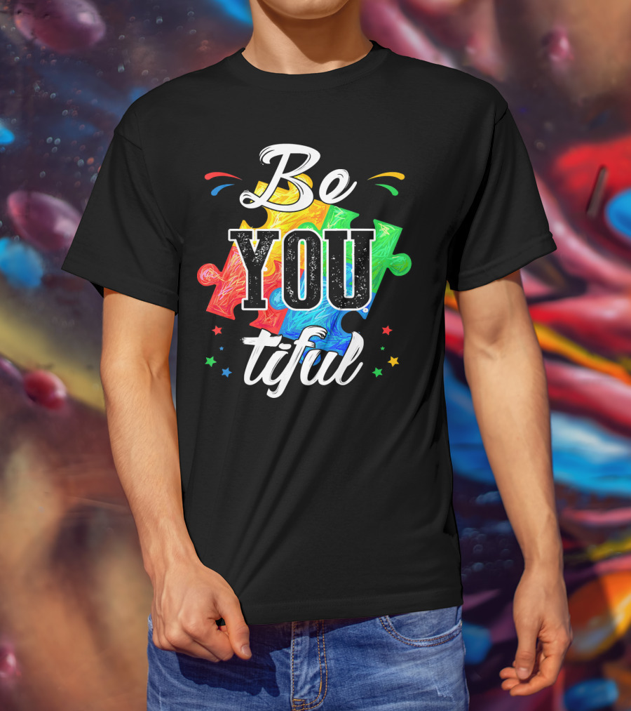 Be You Tiful Autism Awareness Colorful Puzzle Pieces With Stars T-Shirt