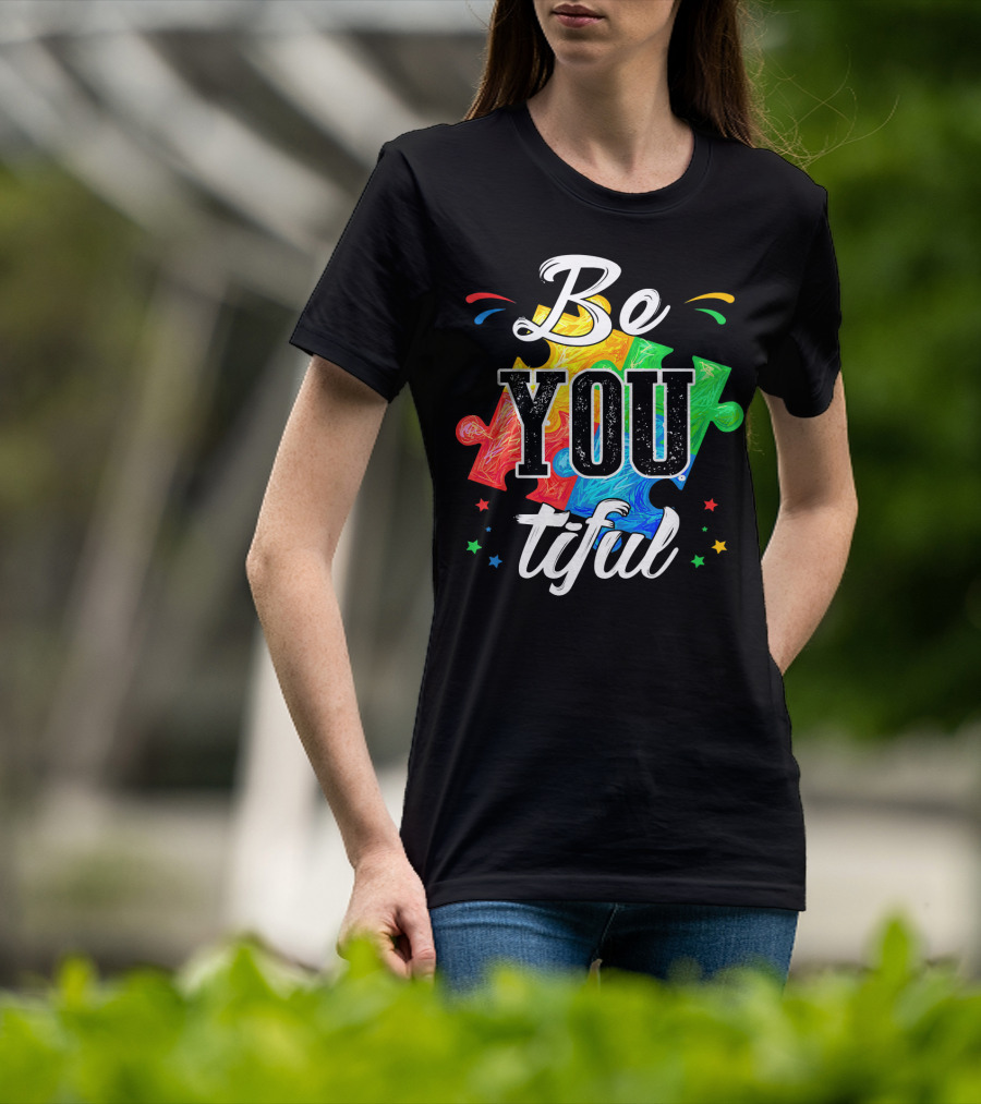 Be You Tiful Autism Awareness Colorful Puzzle Pieces With Stars T-Shirt