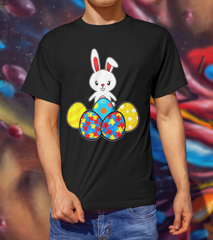 Easter Bunny With Autism Awareness Puzzle Pattern Eggs T-Shirt