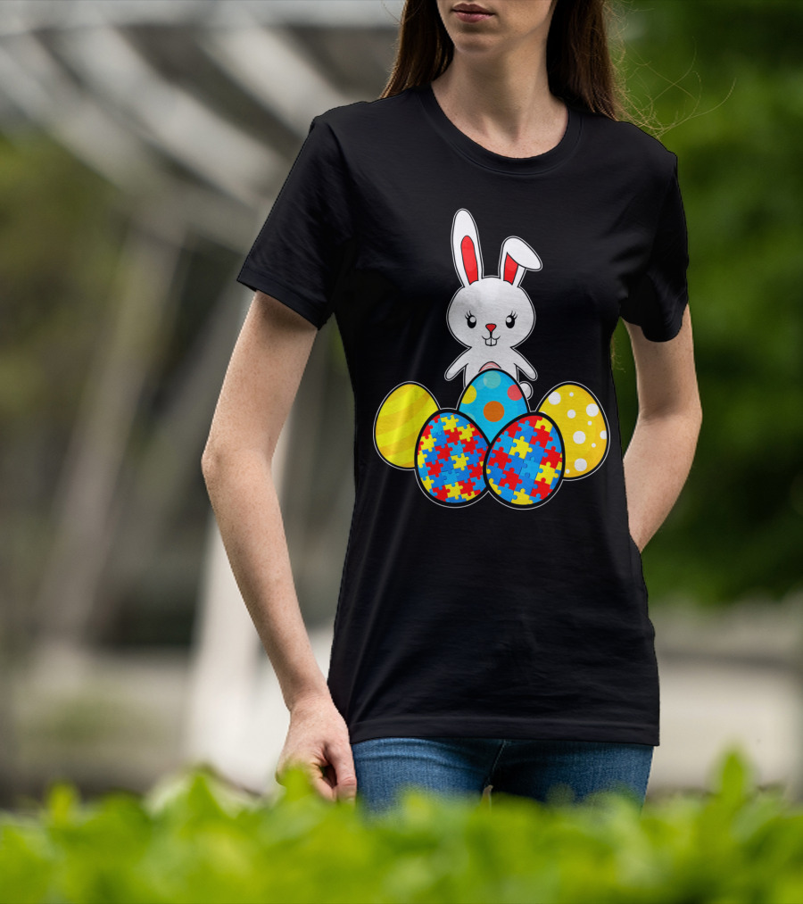 Easter Bunny With Autism Awareness Puzzle Pattern Eggs T-Shirt