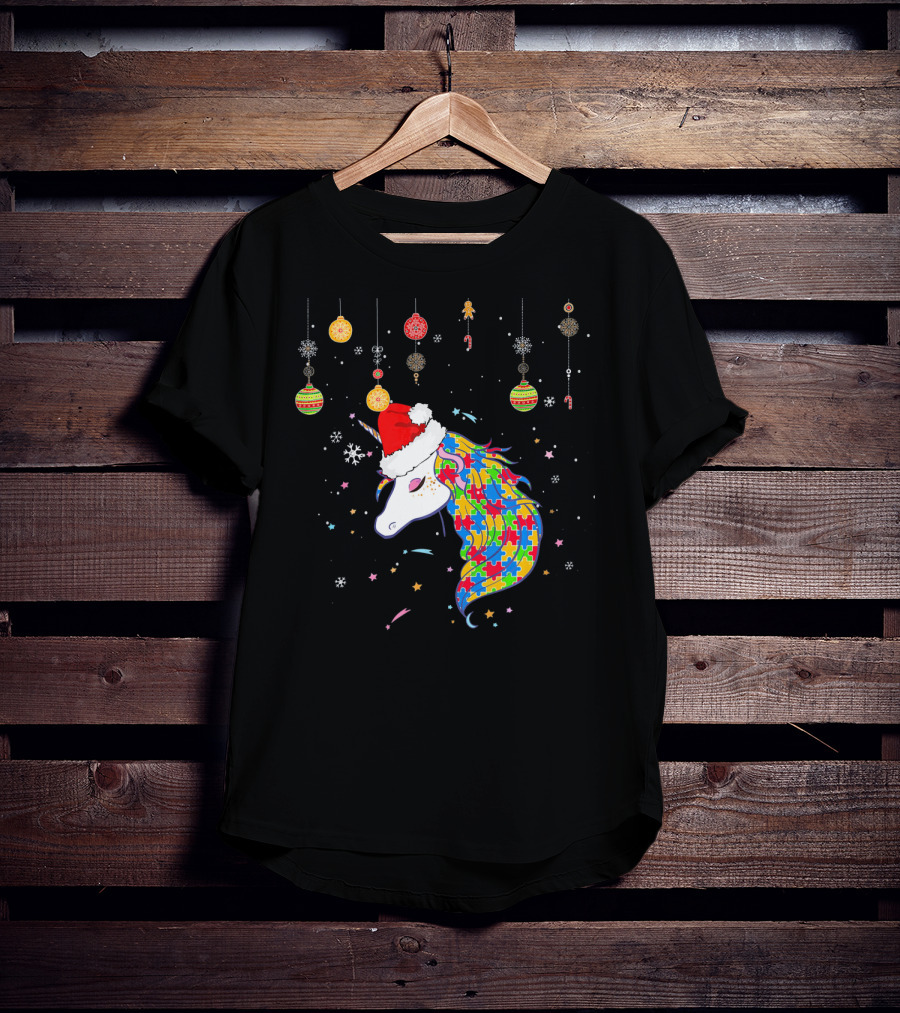 Christmas Unicorn Santa Hat Autism Puzzle T-Shirt