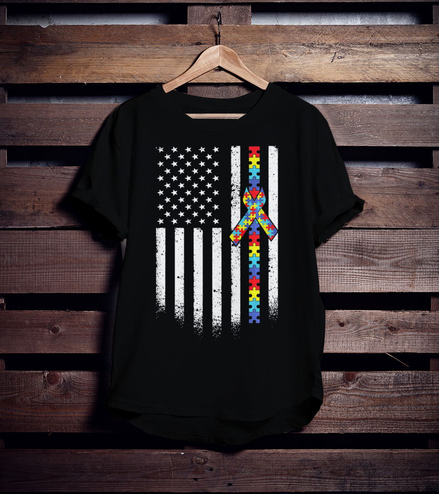 Autism Awareness American Flag With Puzzle Piece T-Shirt