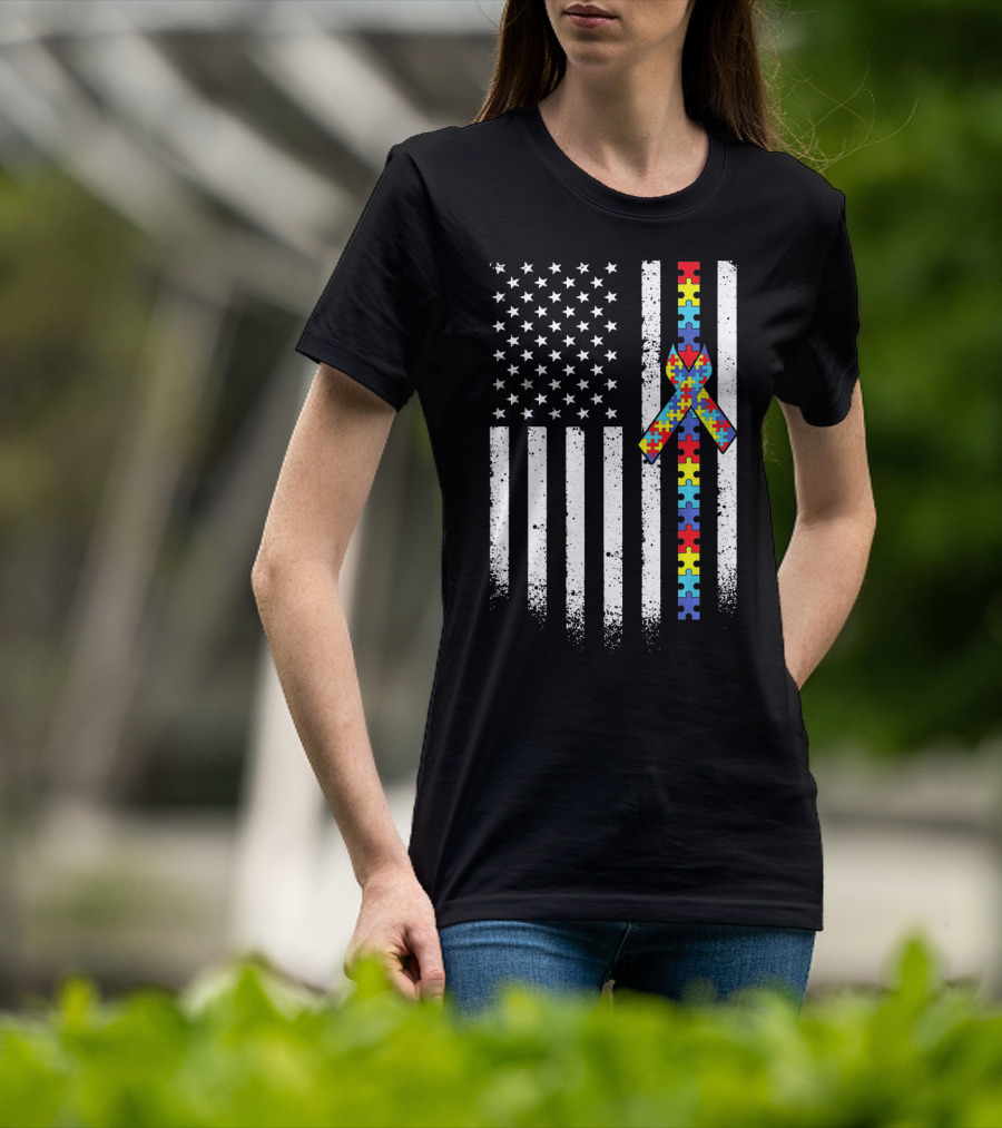 Autism Awareness American Flag With Puzzle Piece T-Shirt