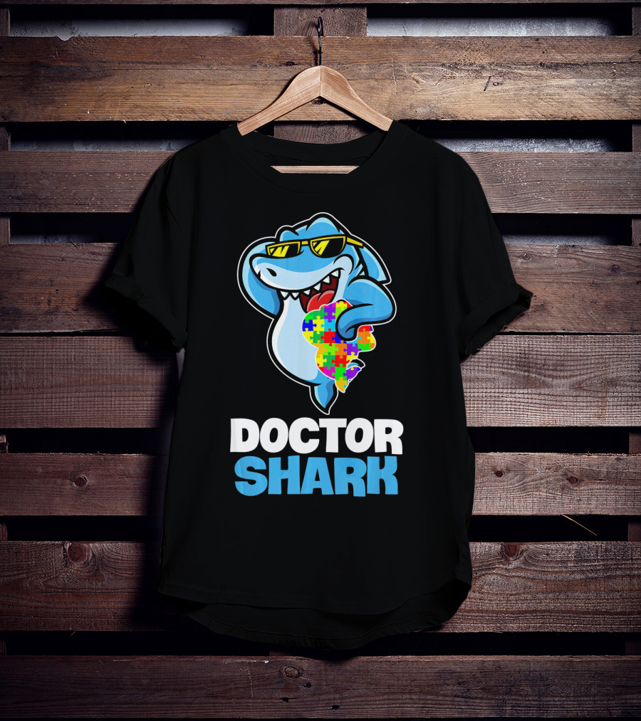 Doctor Shark Sunglasses Holding Autism Puzzle Heart T-Shirt