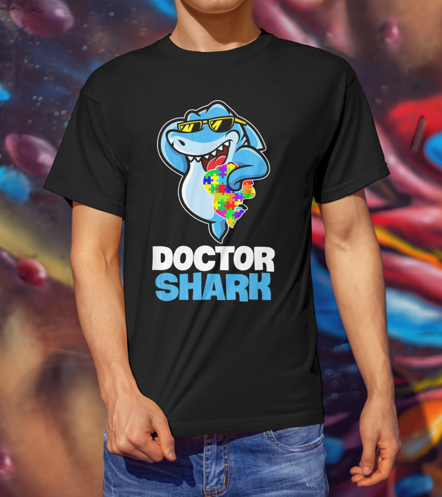 Doctor Shark Sunglasses Holding Autism Puzzle Heart T-Shirt
