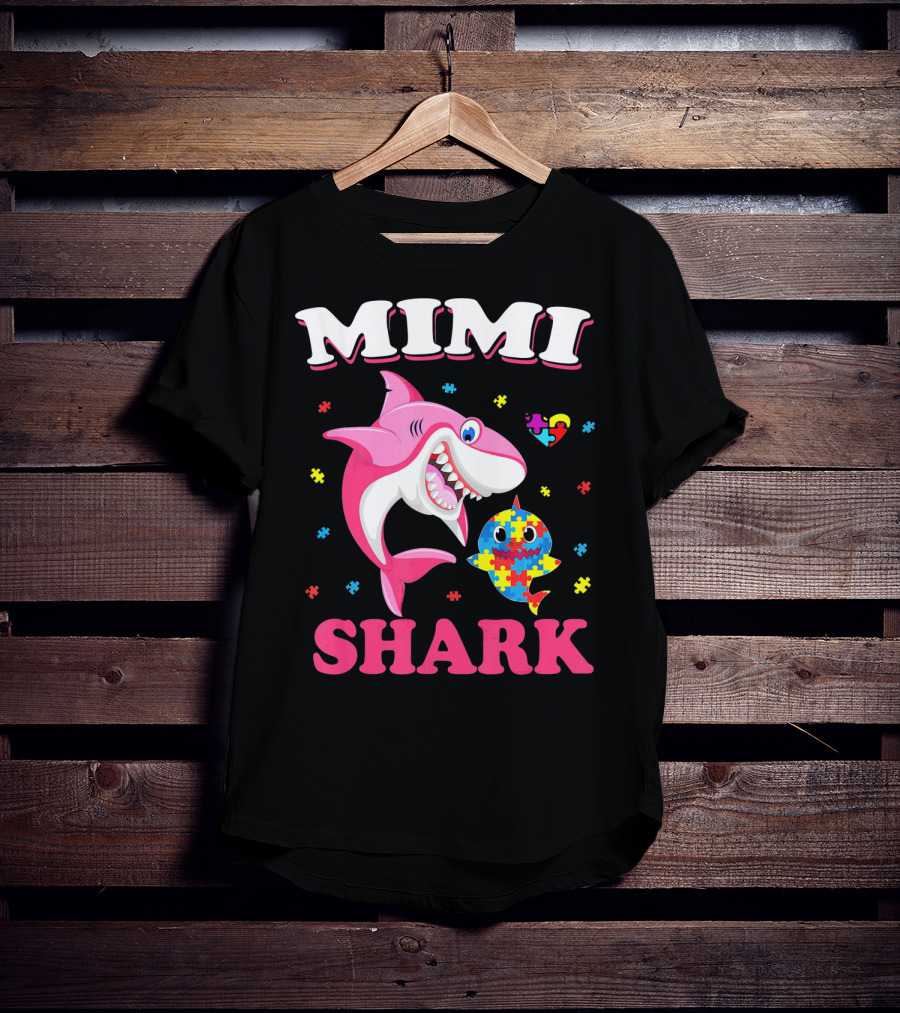 Mimi Shark Autism Awareness Puzzle Heart Colorful Sharks T-Shirt