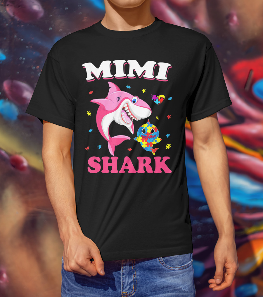 Mimi Shark Autism Awareness Puzzle Heart Colorful Sharks T-Shirt